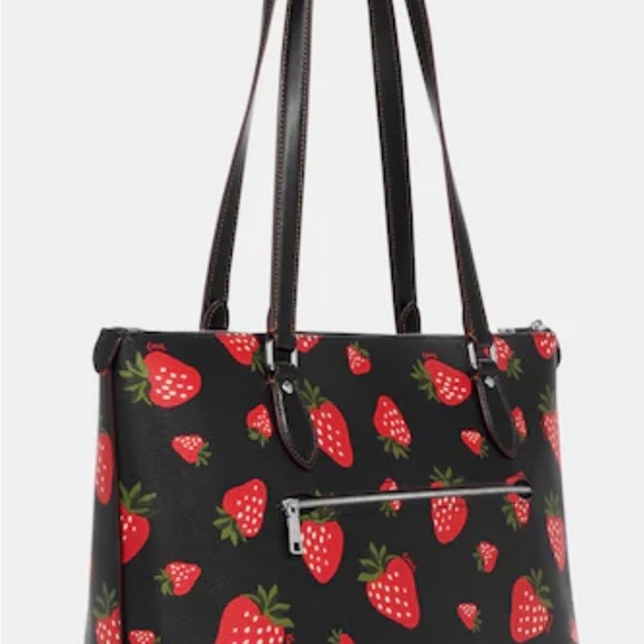 NWT Coach Black Tote Bag W/Wild Strawberry Print, Silver Hardware, Coated Canvas - Picture 6 of 17